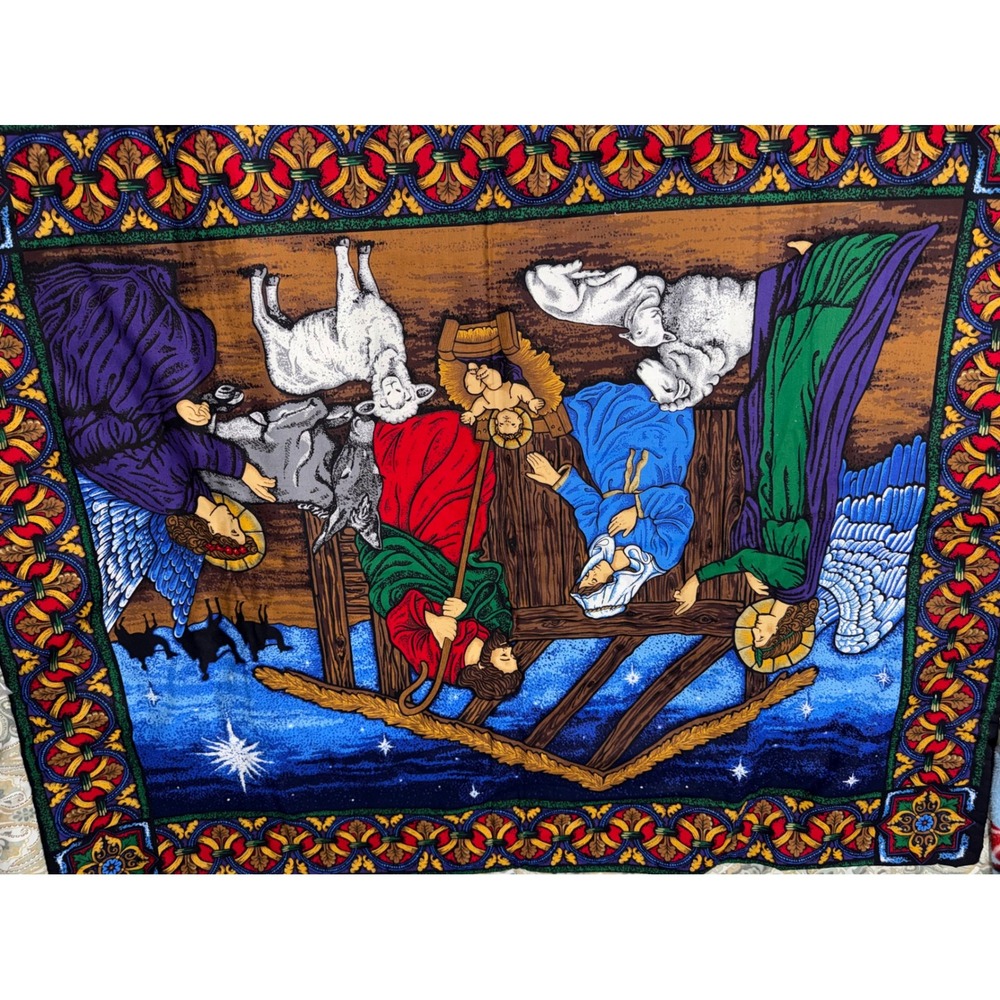Vintage Nativity Scene Wall Hanging Velvet Stained Glass Style Christmas Decor